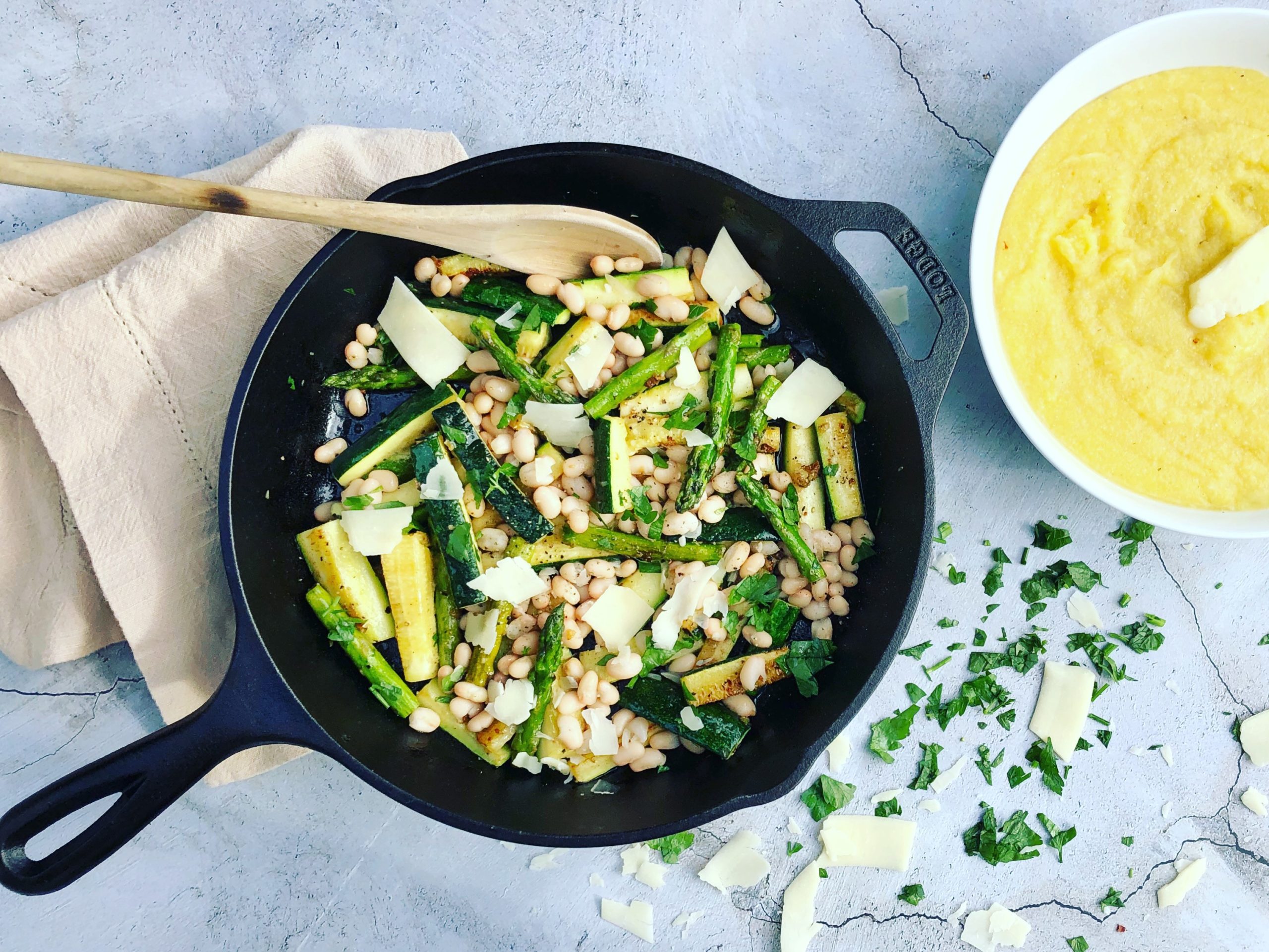 Creamy Polenta with Zucchini, Asparagus and Navy Beans.